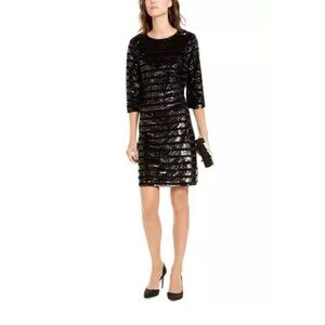 INC  Mini Dress Sequin Black Women's 3/4 Sleeve Sheath Evening Size XS